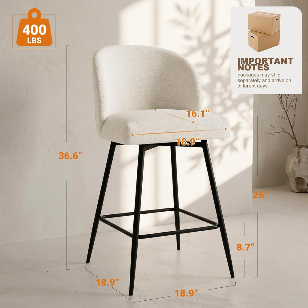 Counter Height Bar Stools Set of 2, 360° Swivel Upholstered Barstools with Ba...