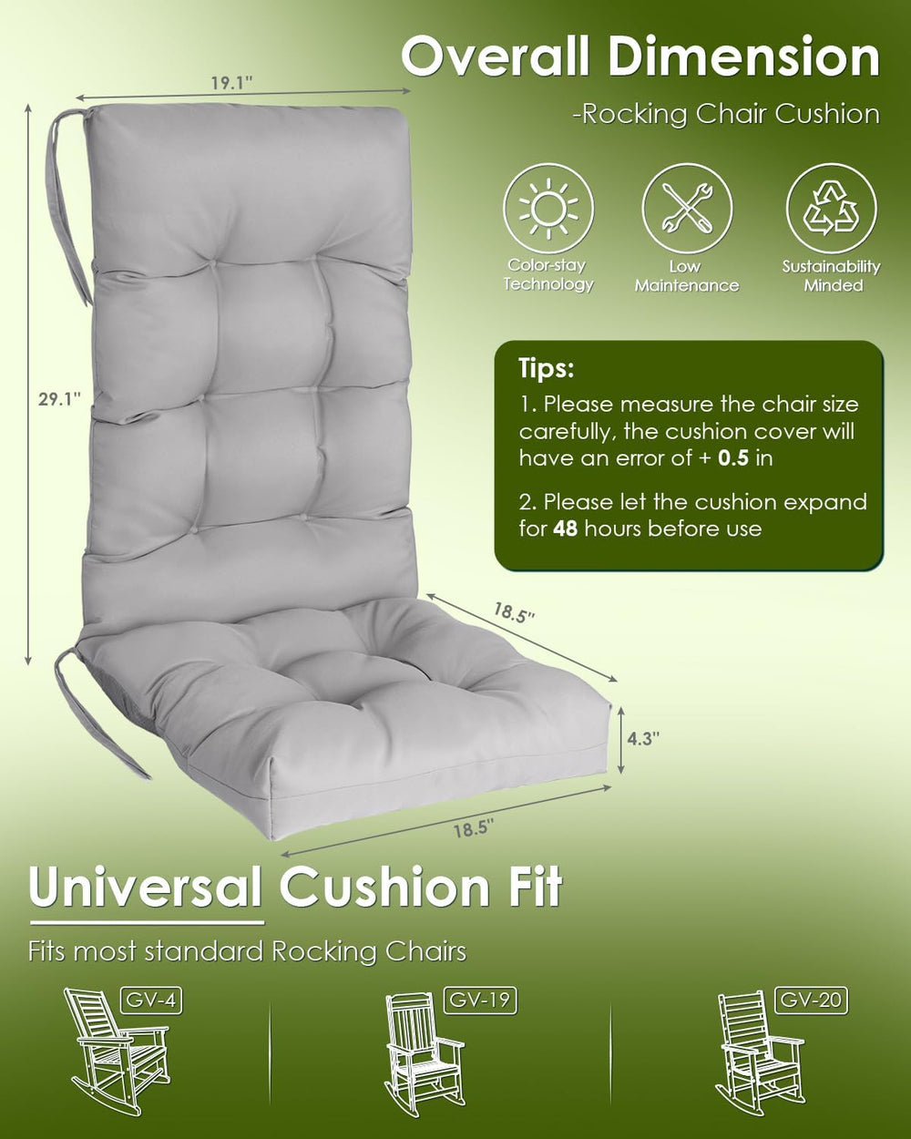 GREENVINES Outdoor Rocking Chair Cushions Set of 2, Polyester, Grey