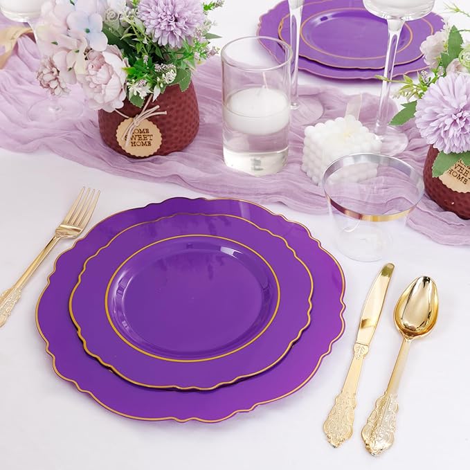 Liacere 350PCS Purple Plastic Plates-Disposable Purple and Gold Plates 50 gue...