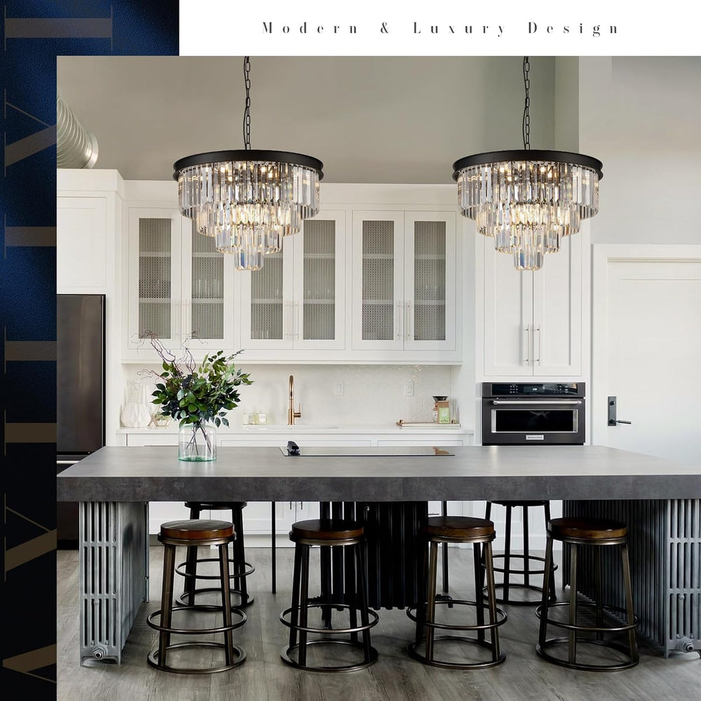 Modern Crystal Chandelier 24" Black Pendant Light Fixture for Living Room
