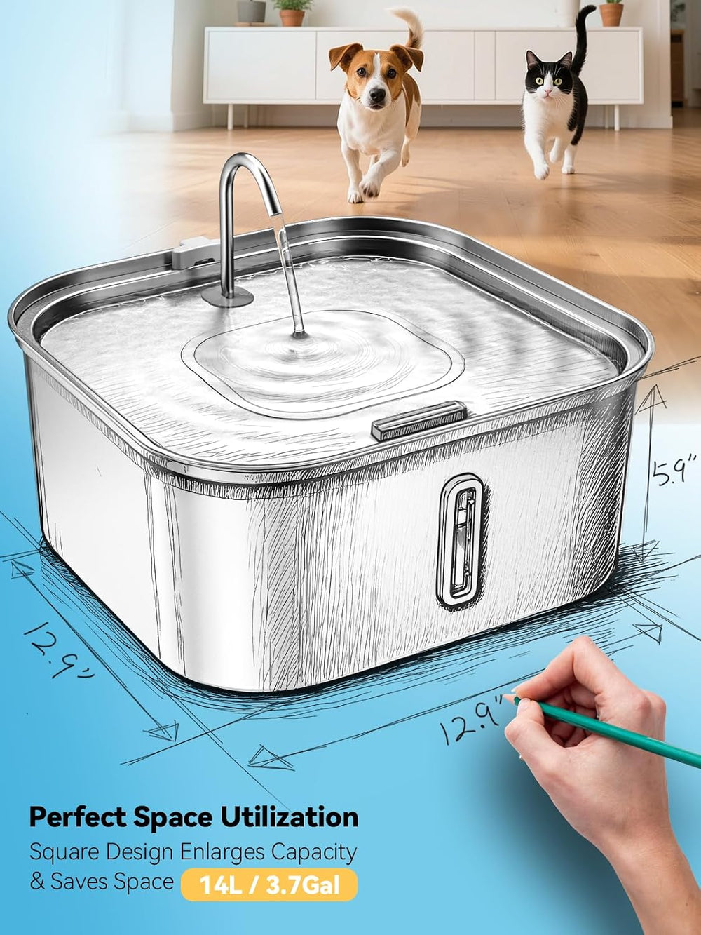 Large Dog Water Fountain 14L/3.7Gal, Stainless Steel Pet Fountain for Large D...
