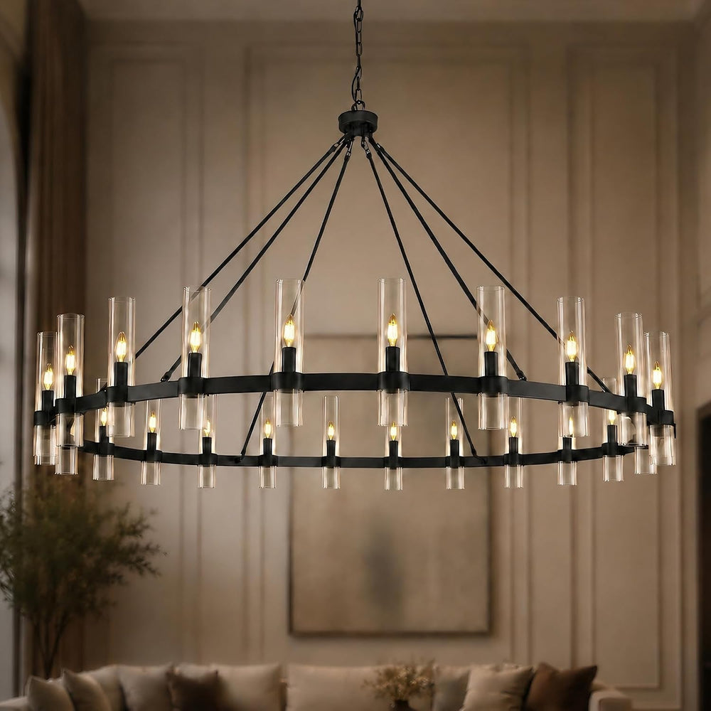 70" Black Wagon Wheel Chandelier, 24-Light Large Farmhouse Chandeliers f...