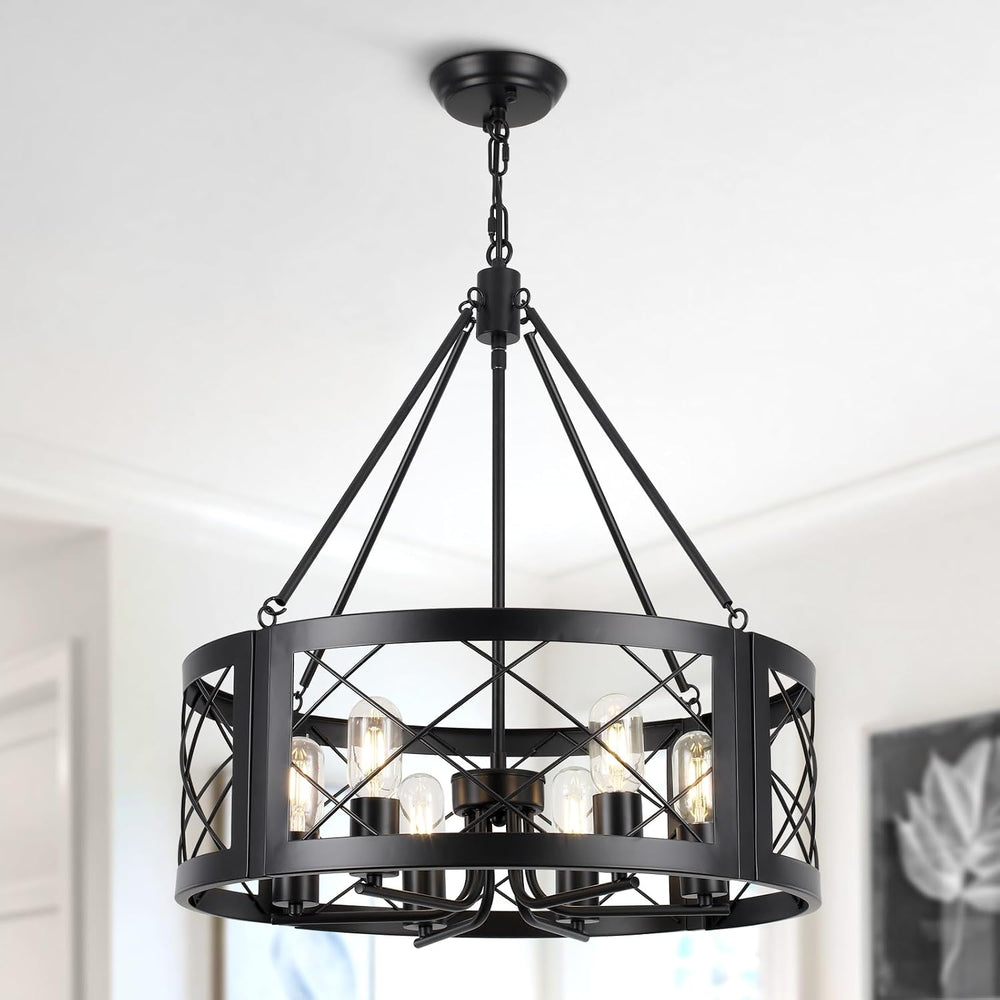 Black Farmhouse Chandelier for Dining Room, 22" Rustic Matte Black Drum ...
