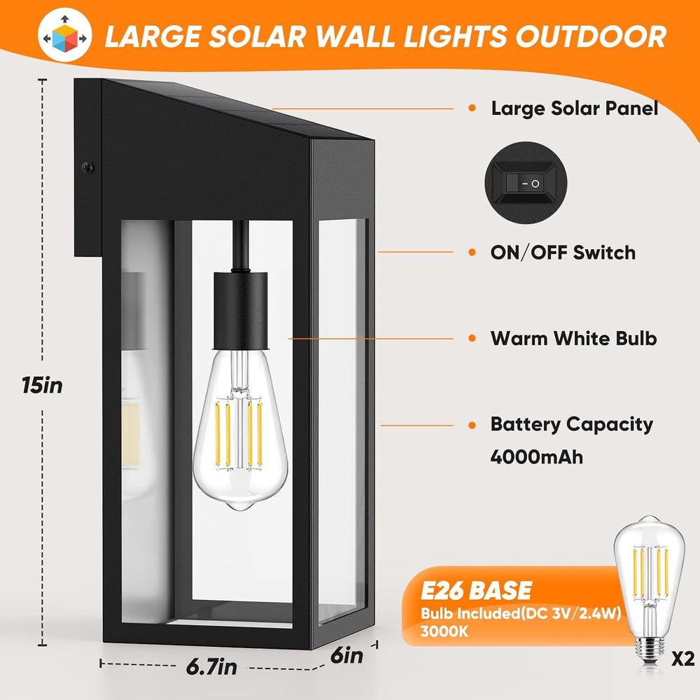 15” Large Solar Sconce Lights Outdoor Included E26 Bulbs 2 Pack