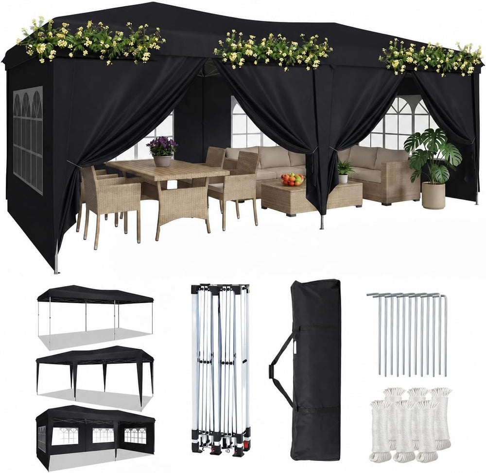 Aoxun 10x20 Pop Up Canopy Tent with 6 Sidewalls, Party Tent, Black