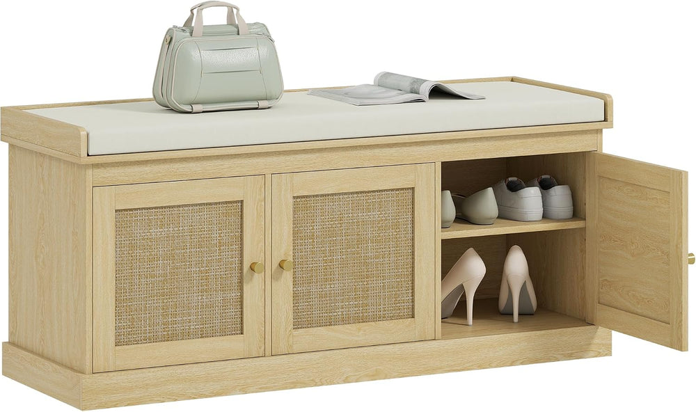 HOMCOM Shoe Bench Storage Rattan Doors 13.8 x 41.3 x 18.5 Inches Oak Tone