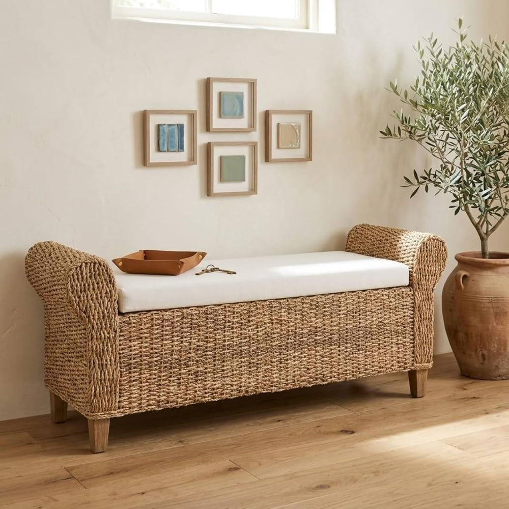 56" Rattan Storage Bench with Rolled Arms, Bohemian Farmhouse End of Bed...