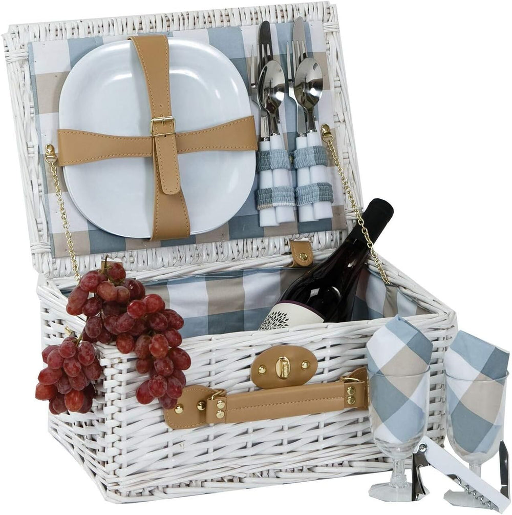 Boothbay White 2 Person Willow Picnic Basket Set with Plates Flatware Wine Gl...