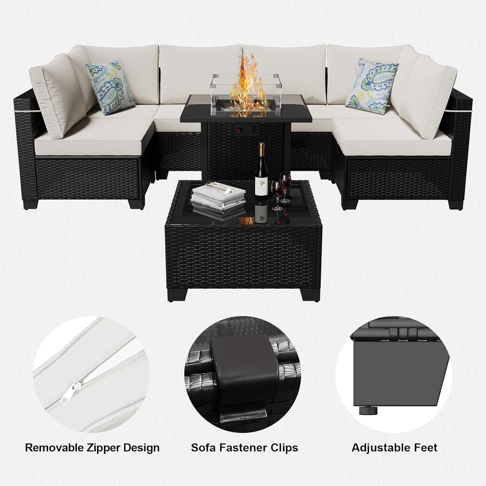 Outdoor Wicker Patio Furniture Set with Fire Pit Table Sectional Sofa Set Con...