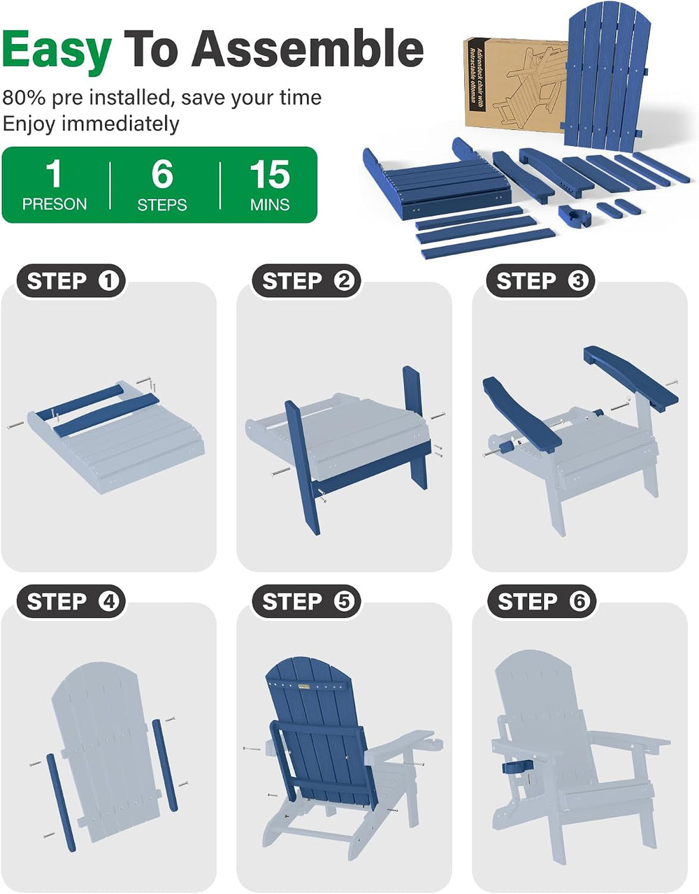 YEFU Adjustable Adirondack Chair with Footrest,All-Weather, Set of 4,Navy