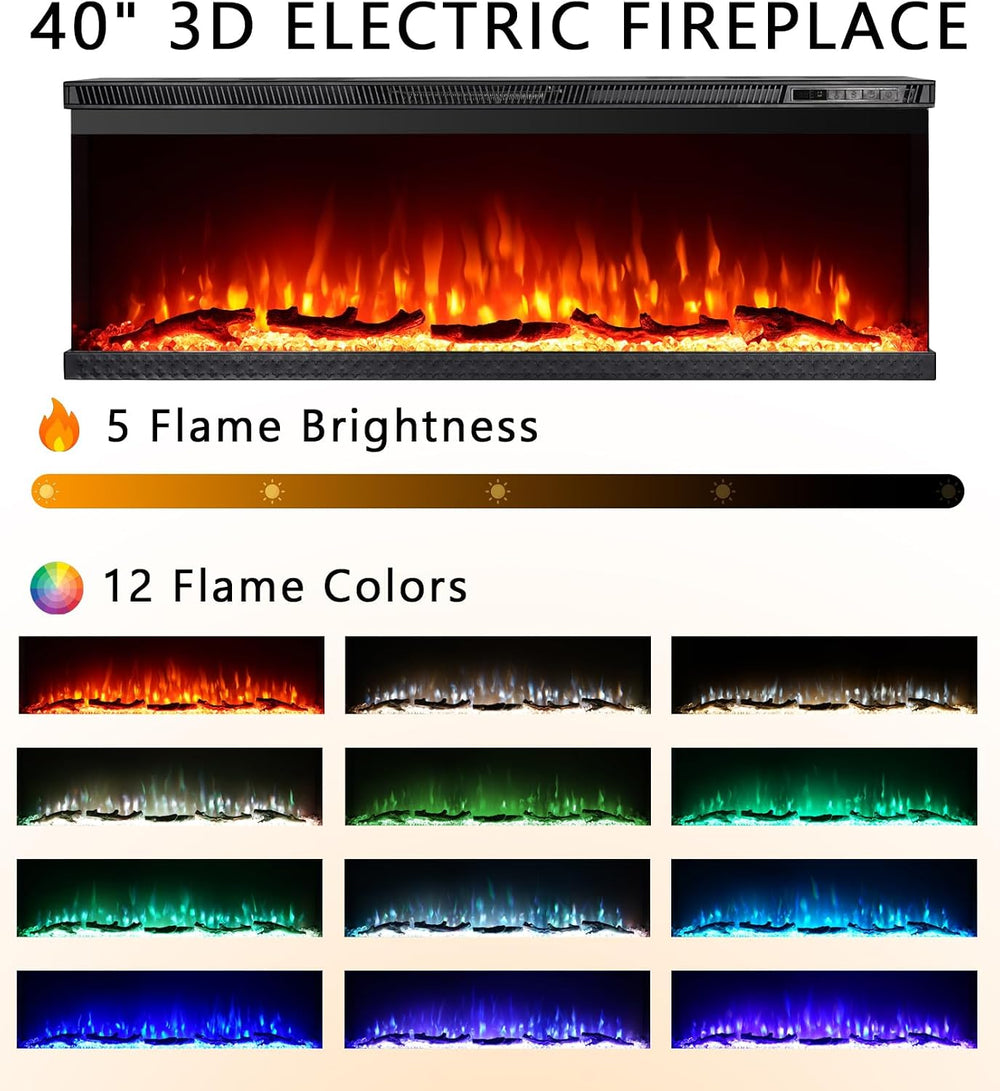 3-Sided View Electric Fireplace Insert - Minimalist Mantel - 12 Color Flame E...