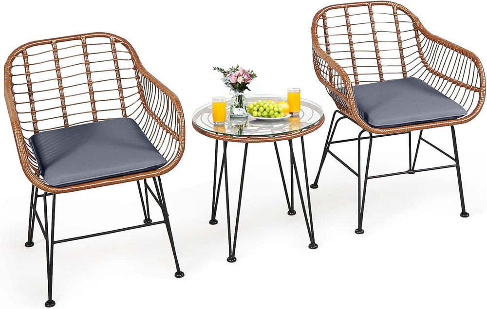 Tangkula 3 Pieces Patio Conversation Bistro Set, Outdoor Wicker Furniture w/R...