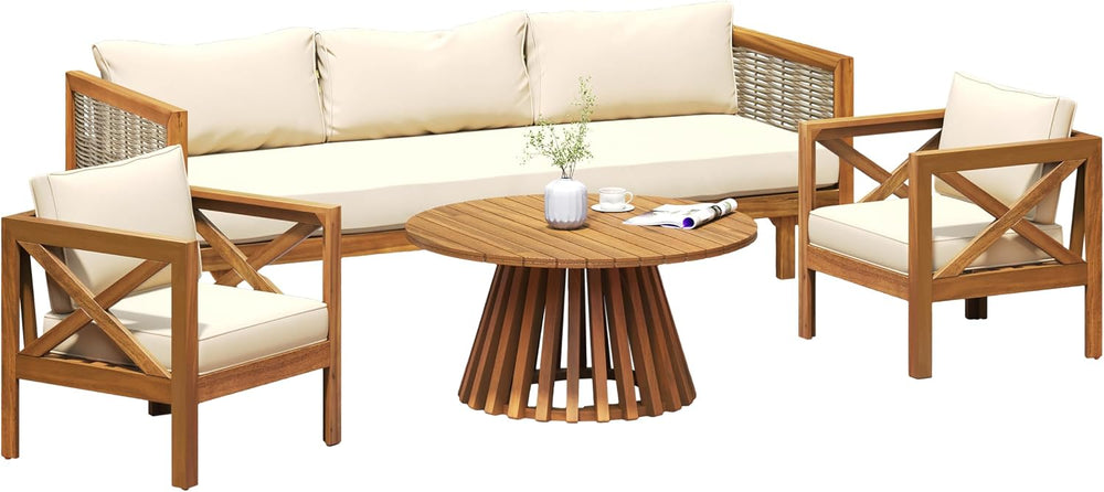 Merax Outdoor 4-Piece Acacia Wood Conversation Set - Patio 3-Seat Loveseat So...