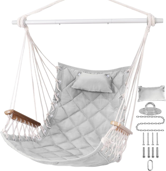 Hammock Chair Hanging Swing with Wooden Armrest;Steel Spreader Bar,Pillows,Hardware kit Included;Cotton Woven Fabric;Up to 350 Lbs,for Indoor Light Grey