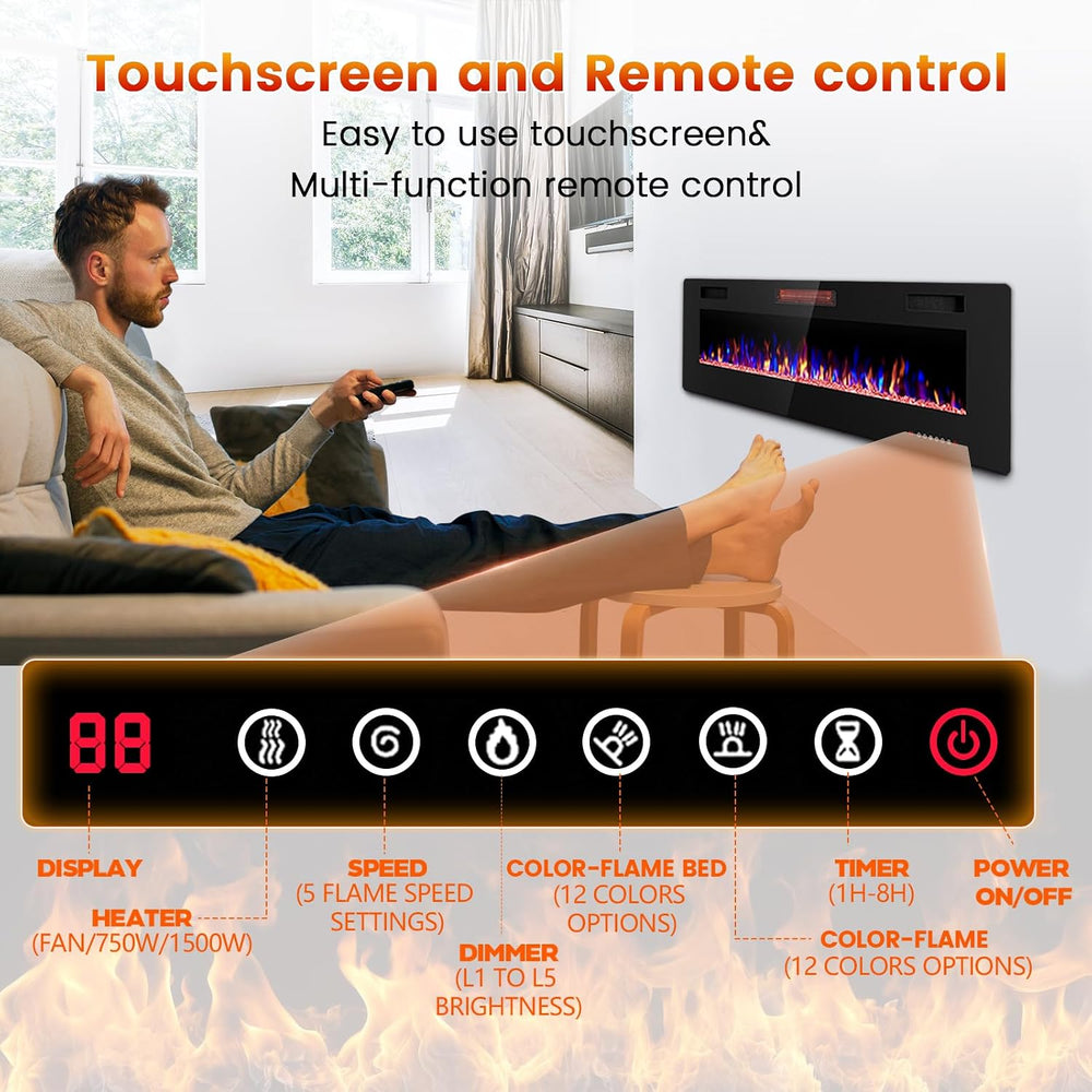 Electactic 60-Inch Electric Fireplace, 12 Flame Colors, Remote Control