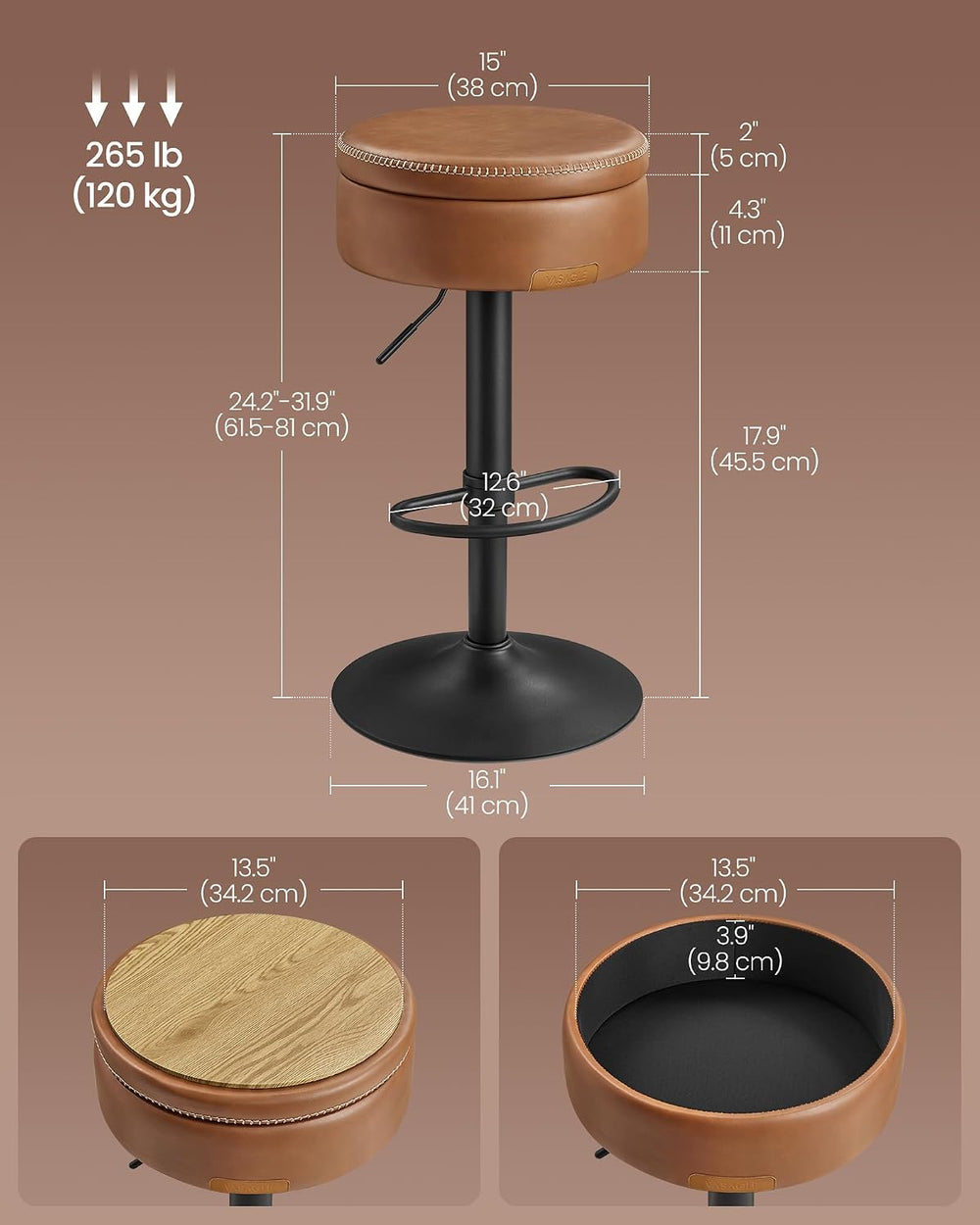 VASAGLE 360° Swivel Bar Stool, Height Adjustable, with Storage