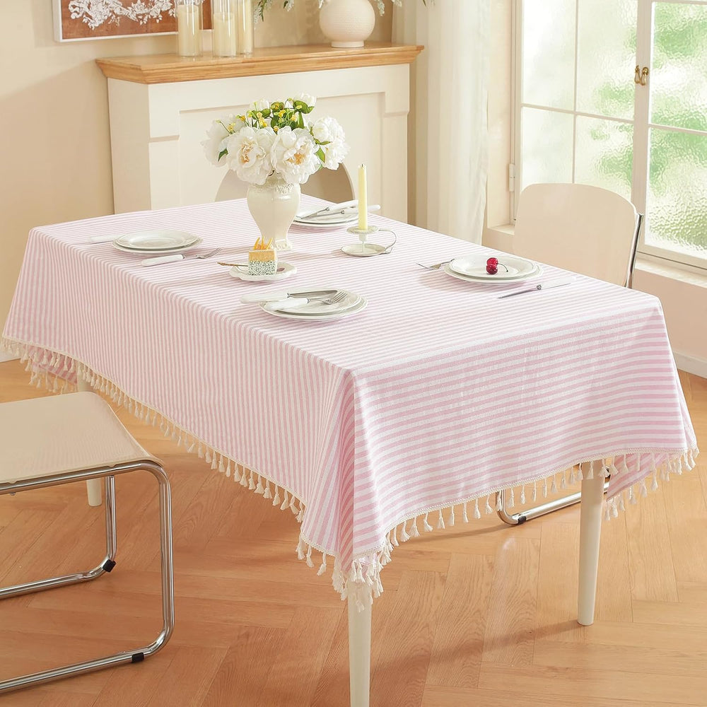 meioro Striped Square Tablecloth, Cotton Blend Fabric Pink Table Cloth with T...