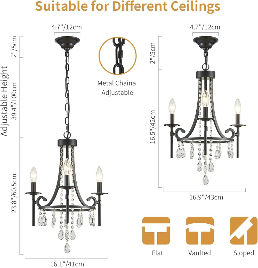 Small Crystal Chandelier, 3-Lights Modern Black Chandeliers for Dinning Room,...