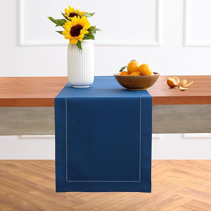 Solino Home Cotton Linen Table Runner 60 Inches - Lapis Blue Hemstitch Table ...