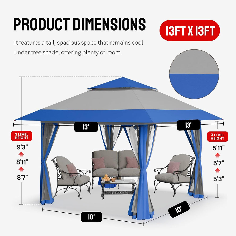 CROWN SHADES 13x13 Pop Up Gazebo, Clearance Canopy Tent,Blue & Grey
