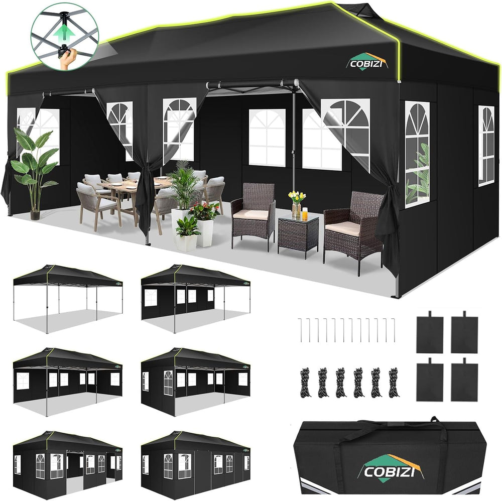 COBIZI 10x20 Pop Up Canopy Tent with 6 Removable Sidewalls, Outdoor, Black