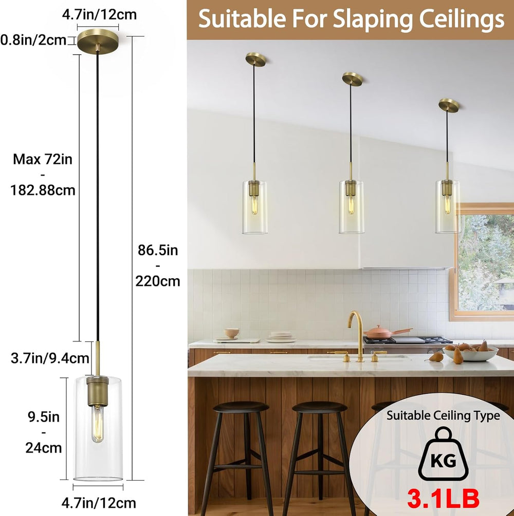 Modern Brass Pendant Lights Kitchen Island Glass Pendant Light Fixtures, 9.5&...