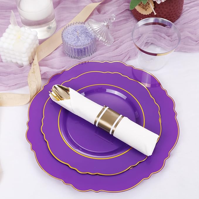Liacere 350PCS Purple Plastic Plates-Disposable Purple and Gold Plates 50 gue...