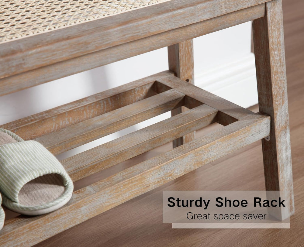 ROCITY 30 Inch Rattan Bench Wooden Entryway Bench with Shoe Rack