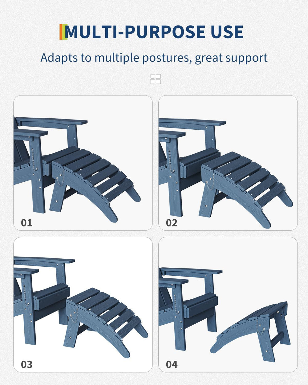 Folding Adirondack Ottoman, HDPE Footrest for Oudoor Chair, Navy Blue