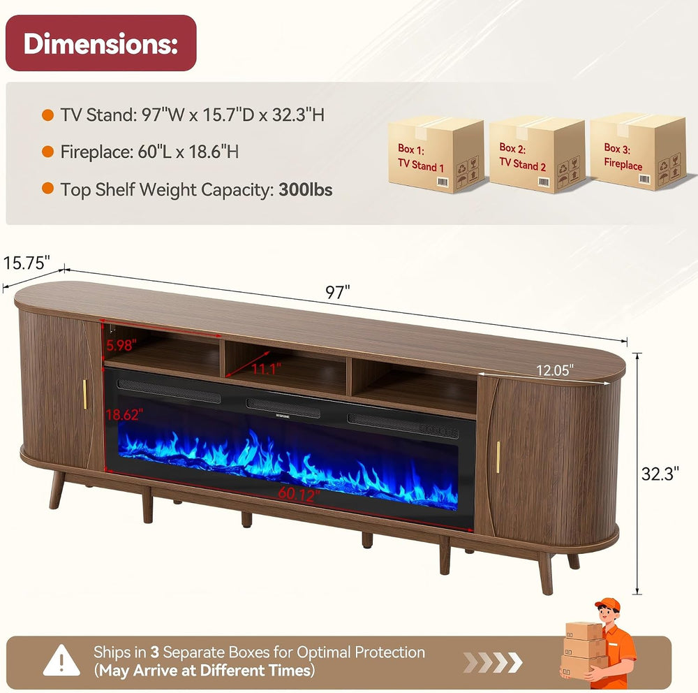 97" Fireplace TV Stand for 100" TV, Mid Century Modern Entertainmen...