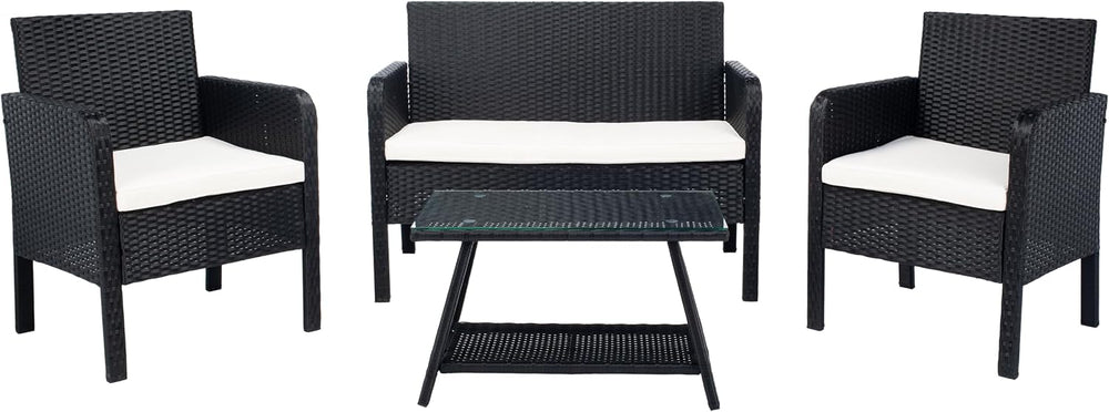 SAFAVIEH PAT7505A Collection Aboka Black and Beige 4-Piece Outdoor Living Pat...