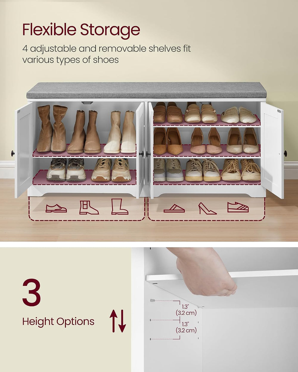 VASAGLE 3-Tier Shoe Storage Bench with Cushion, 14 x 47.6 x 20.7 Inches