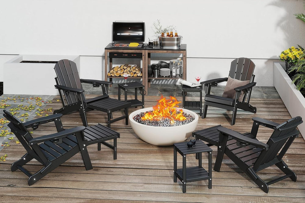 GREENVINES Adjustable Adirondack-Chairs-with-Ottoman Set of 2, HDPE, Black