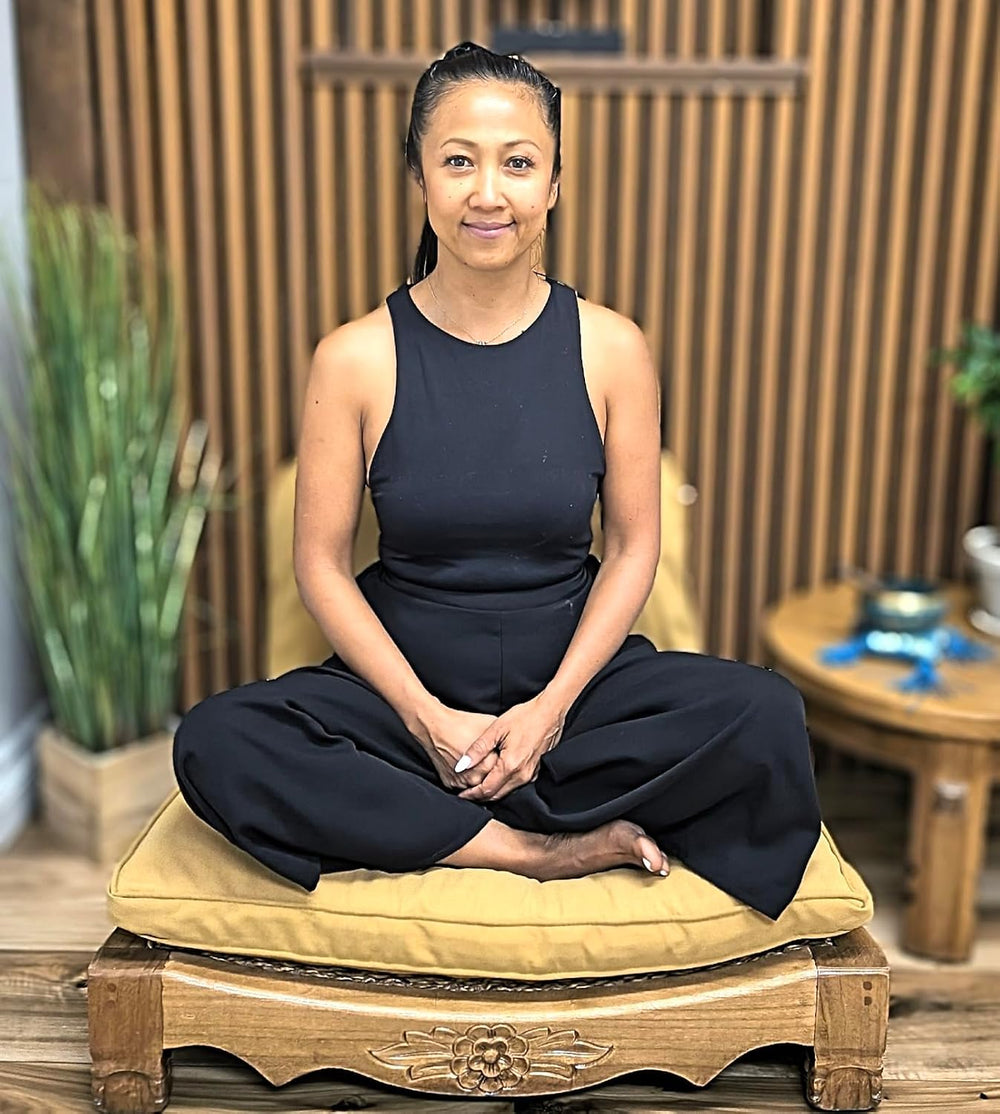Handcrafted Wooden Meditation Chair with Woven Seagrass Seat, 30 x 28 x 18 in...