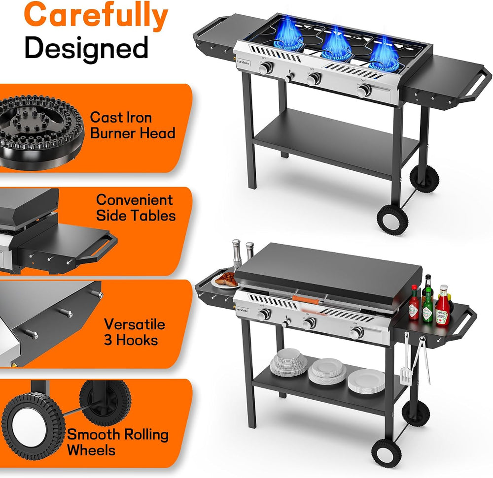 Veralune 3 Burner Propane Griddle with Ignition, 2-in-1 Outdoor Gas Grill