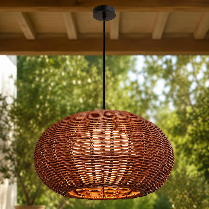 24 Inch Outdoor Rattan Pendant Light for Balcony and Garden,Boho Style