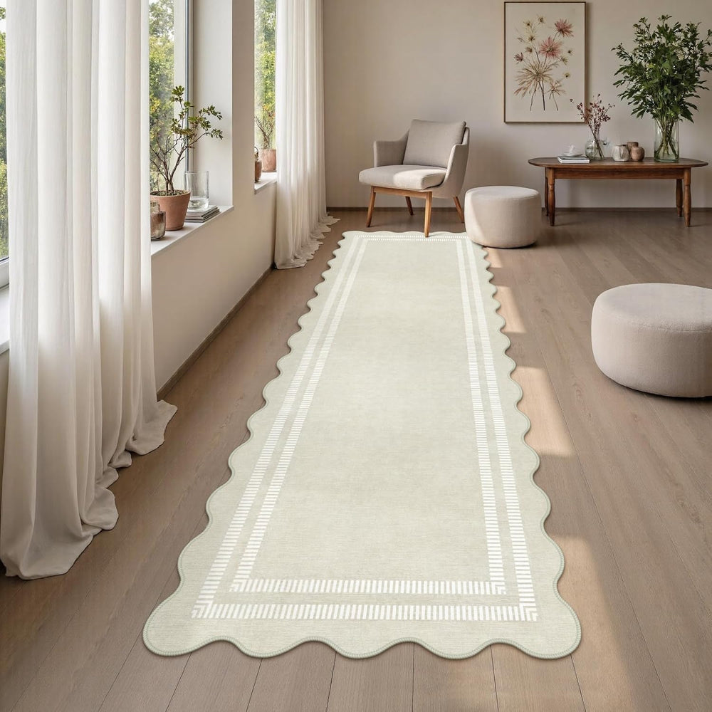 Washable Runner Rug 2.6x8 Kitchen Hallway Scalloped Rugs, Non Skid Stain-Resi...