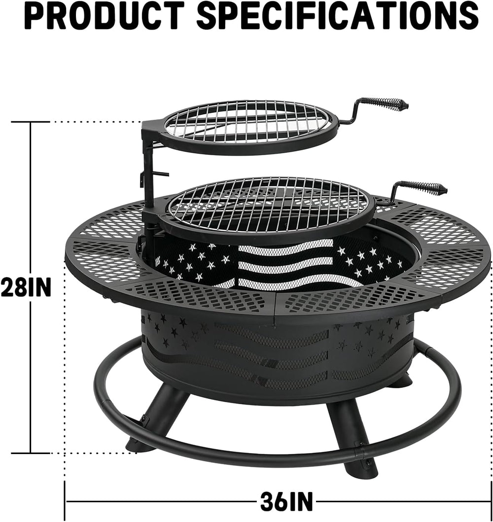Panovue 36 Inch Fire Pit with 2 Cooking Grates, Grill Fire Pit with Lid