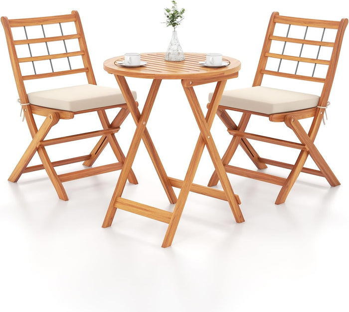 Tangkula 3 Piece Patio Wood Bistro Set, Folding Table Chair Set w/Soft Seat Cushions, Acacia Wood Frame, High-Back Portable Chairs w/Table for Backyard, Poolside (Off White)