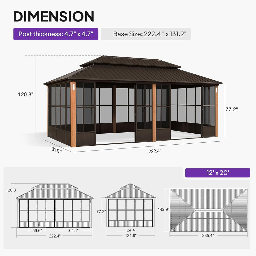 PURPLE LEAF Hardtop Gazebo 12' X 20' Aluminum Solarium Double Roof Br...