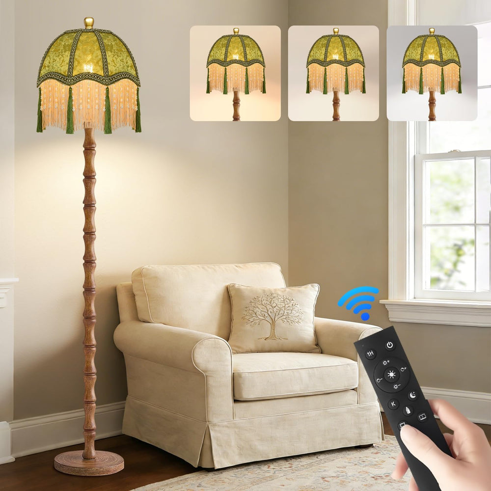 ZECOXOL Wood Floor Lamps for Living Room Boho Rustic Floor Lamp with Remote C...