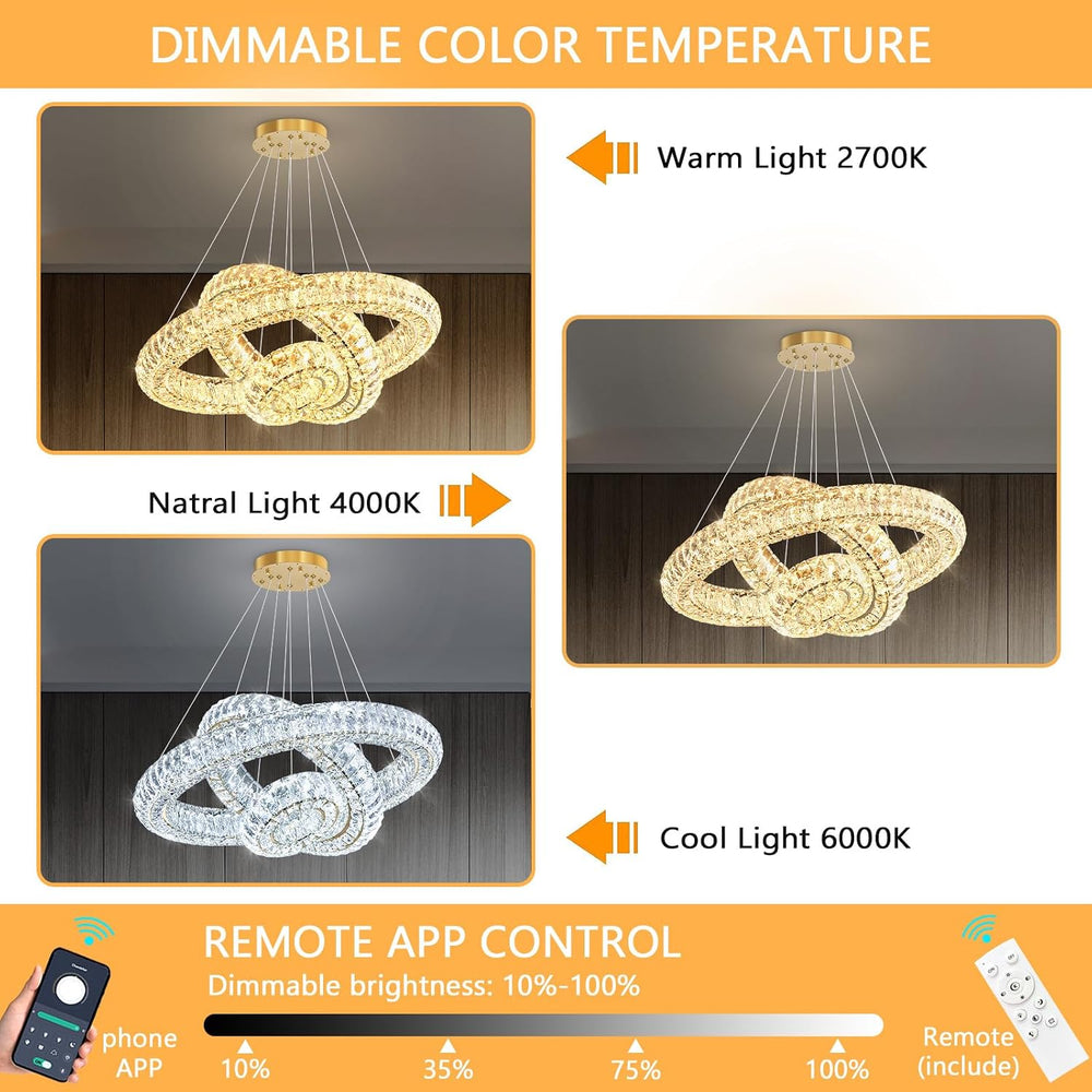 3 Ring Modern Crystal Chandelier Dimmable Ring Pendant Light Round Crystal Hi...