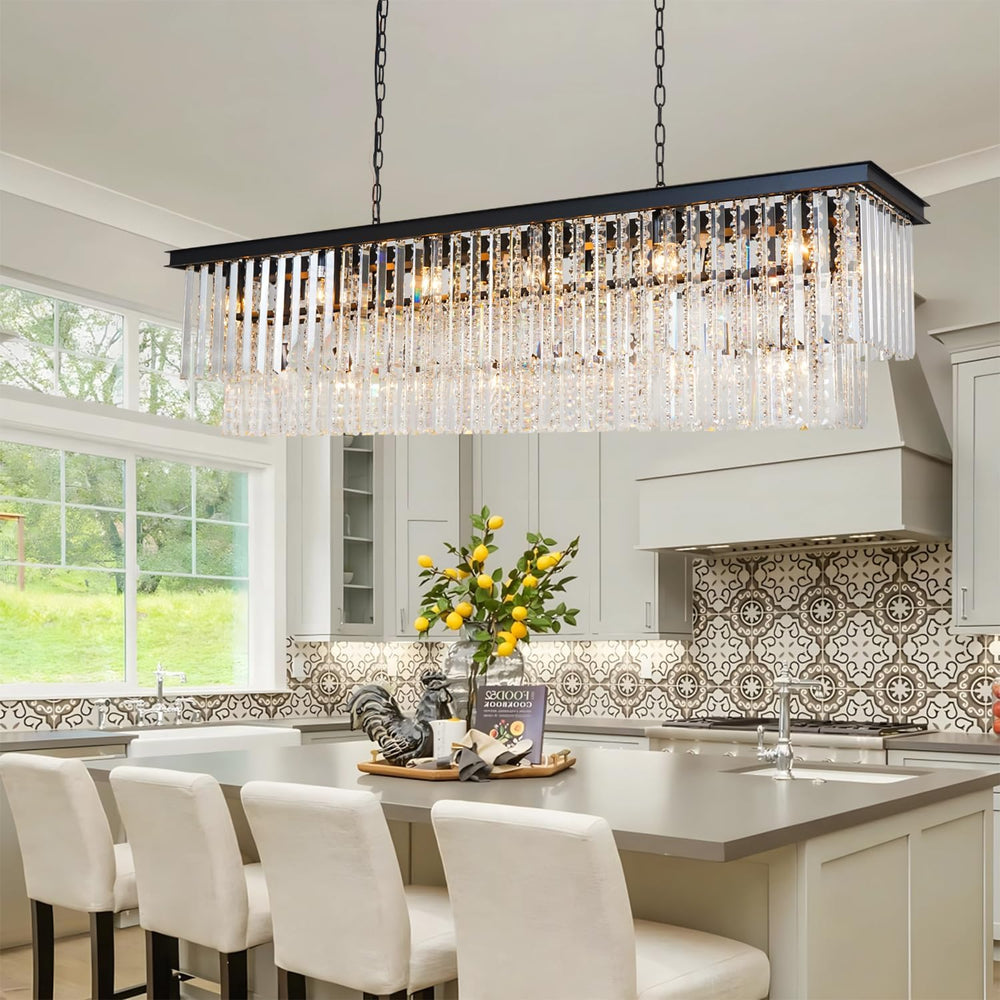 Modern Black Rectangular Chandelier, Double Layer Crystal Lighing Fixture