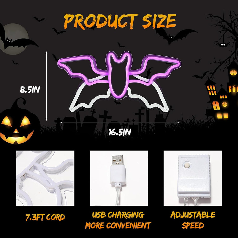 Halloween Neon Sign,Halloween Flying Bat Neon Light Sign with Adjustable Spee...