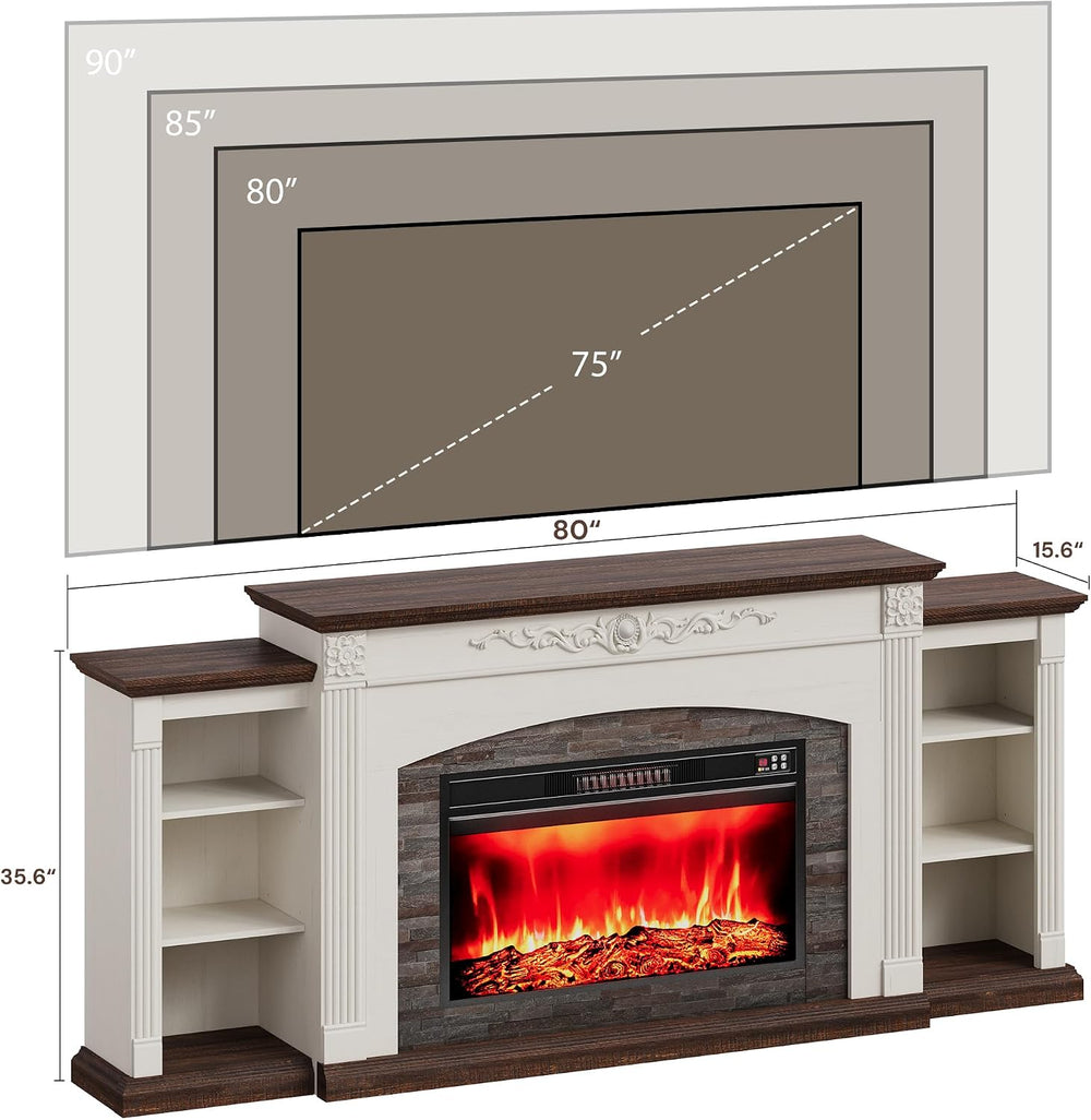 80" Electric Fireplace TV Stand for TVs Up to 90" with Mantel, White