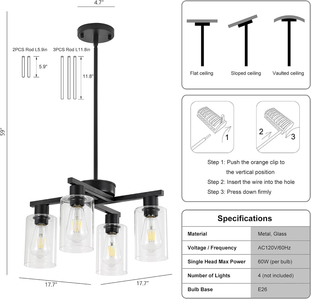 4-Light Modern Farmhouse Black Chandelier, Dining Room Light Fixture Over Tab...
