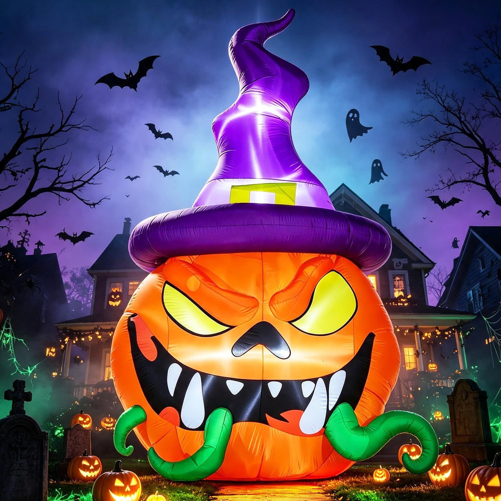 DomKom 12FT Halloween Inflatable Blow Up Decorations, Giant Pumpkin wear Witc...