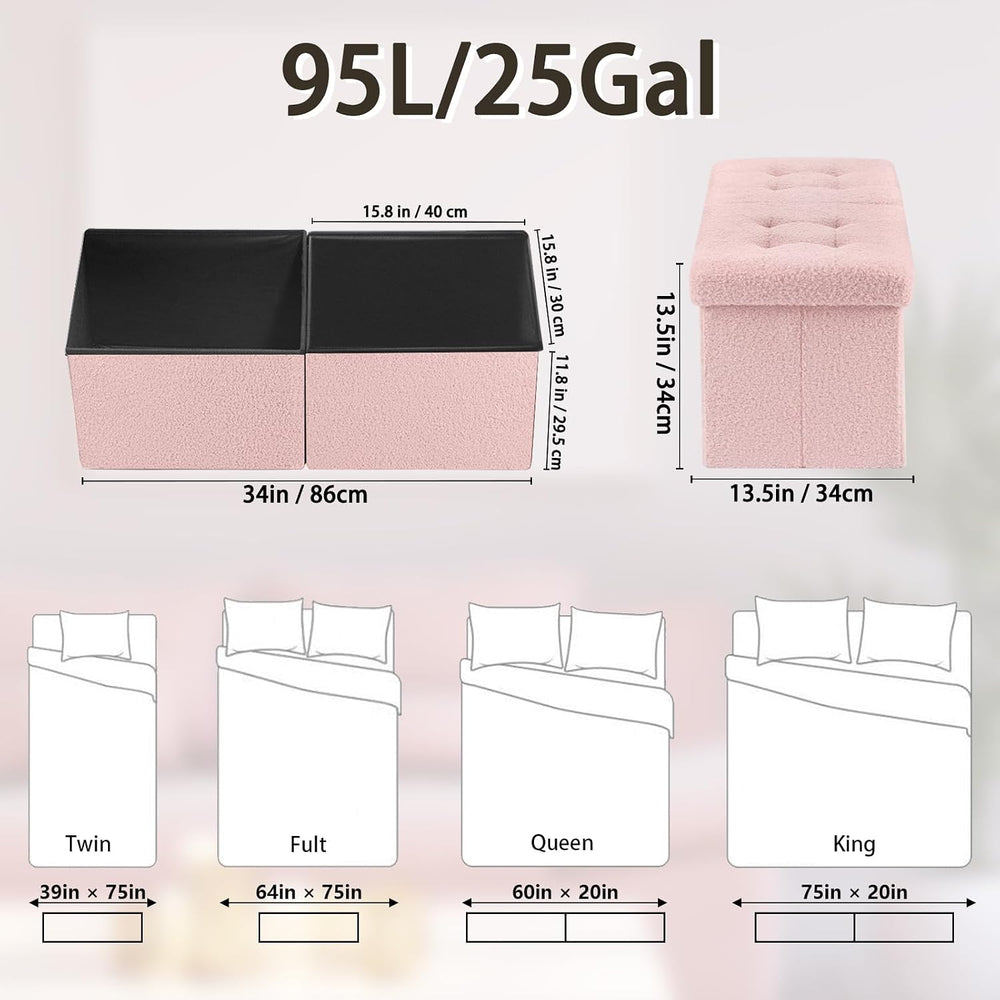 Storage Ottoman Bench, 34" Teddy Velvet Folding Foot Rest, Pink