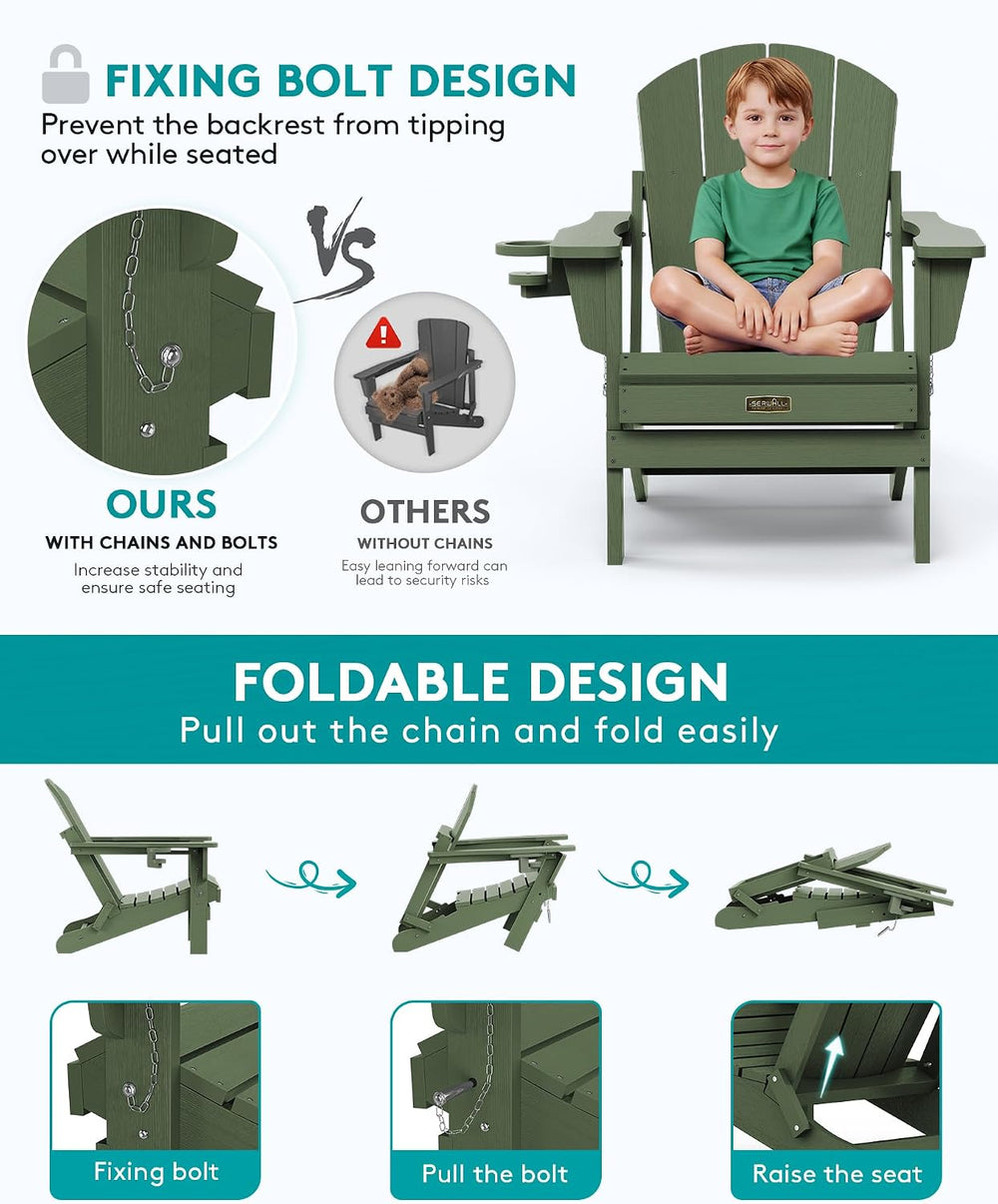 SERWALL Folding Adirondack Chairs Set of 4,Patio Chair with Cup Holder-Army