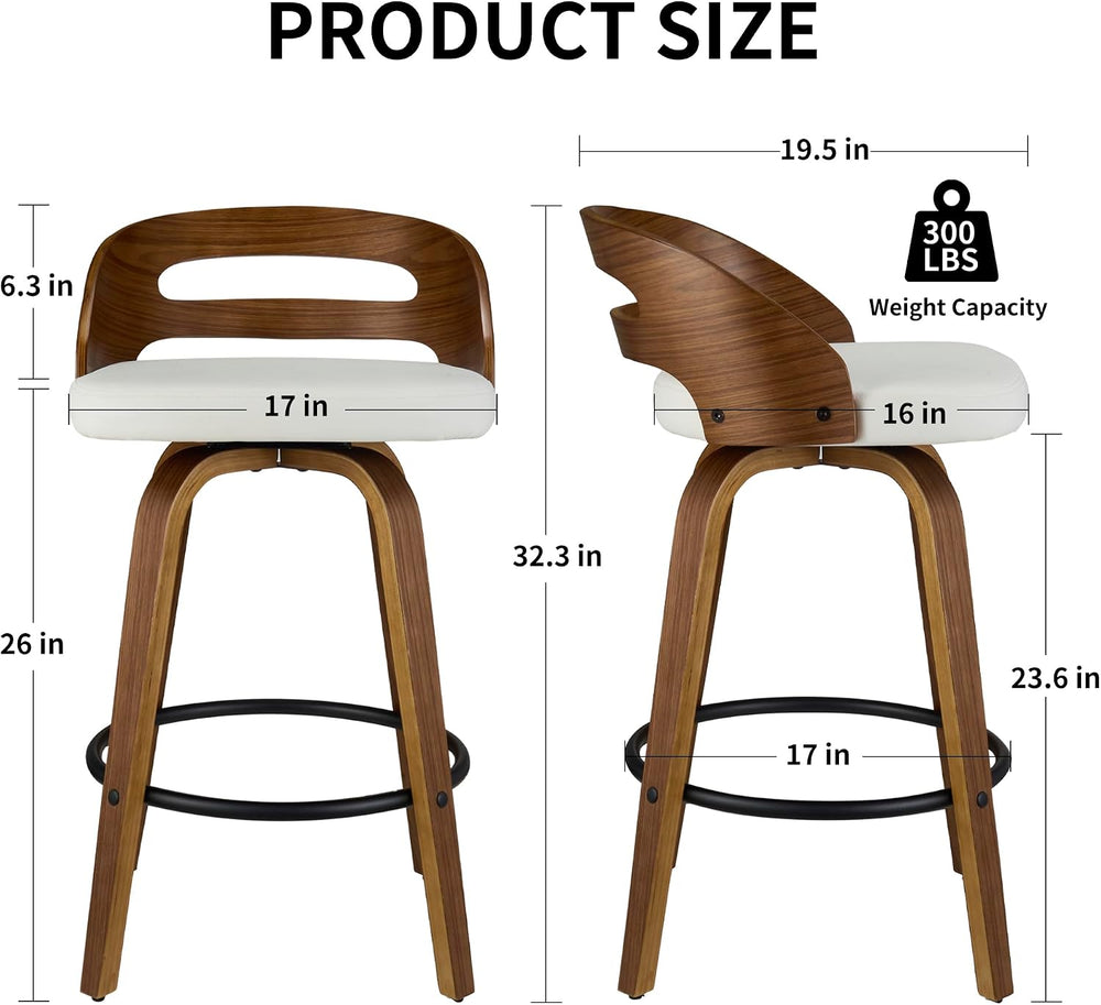 26" Swivel PU Leather Counter Height Bar Stools Set of 2, Low Back, Cream